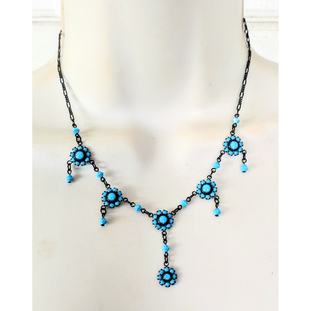 AUSTRIAN CRYSTAL USA Black Tone Turquoise Crystal Dangle Necklace 16.25"